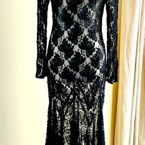 Vintage Formal Black Dress 70s S Lace Sequin Beaded Evening Gown Long Mermaid